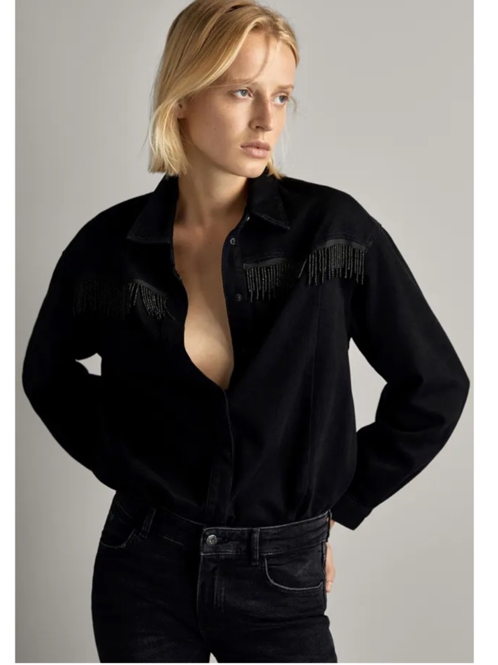 Massimo Dutti Western Denim Beaded Fringe Shirt in Black - Picture 2 of 12